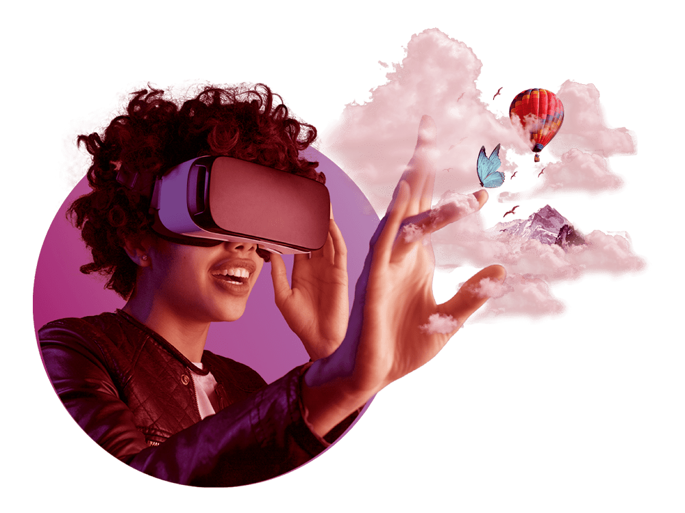 Personne utilisant un casque de réalité virtuelle dans l’univers visuel onirique de Cayceo.