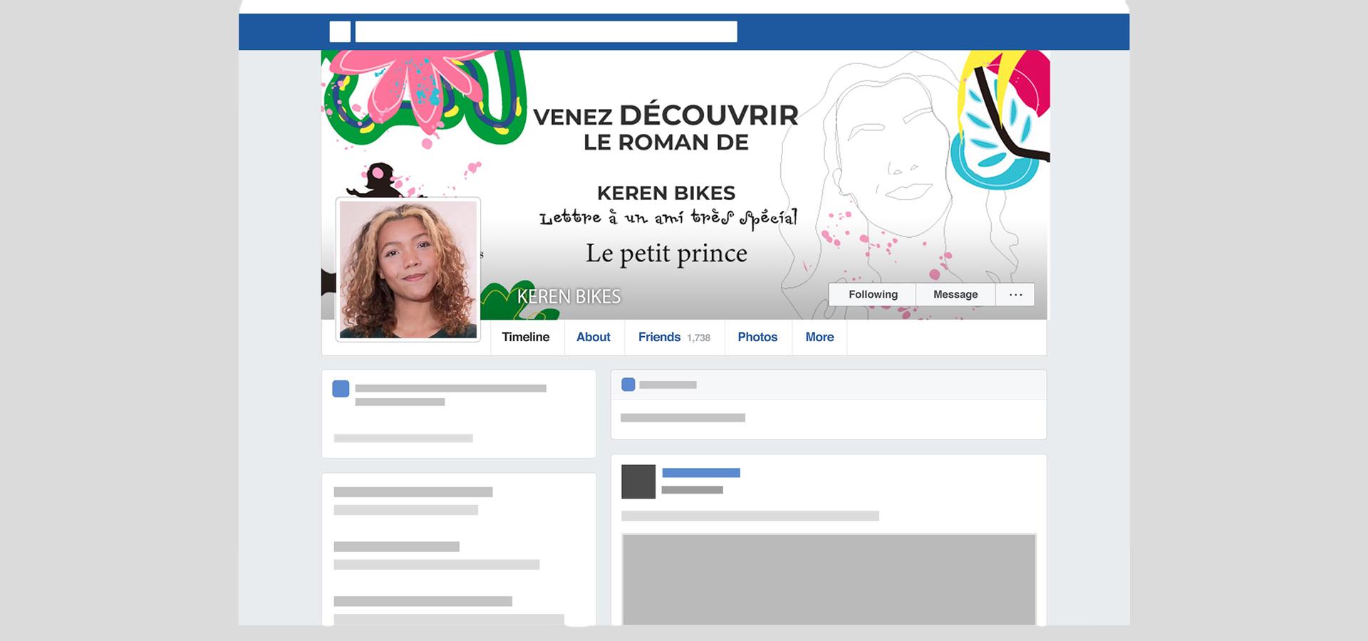 Habillage de la page Facebook de Keren Bikes pour promouvoir la sortie de son roman.