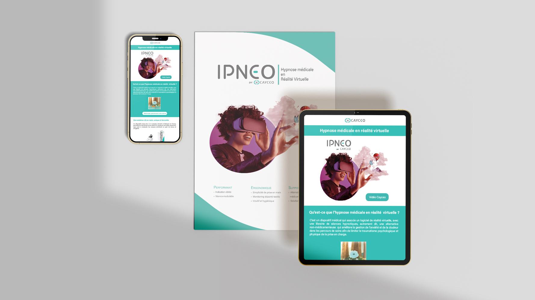 Déclinaison de la communication Cayceo sur affiche, tablette et smartphone.