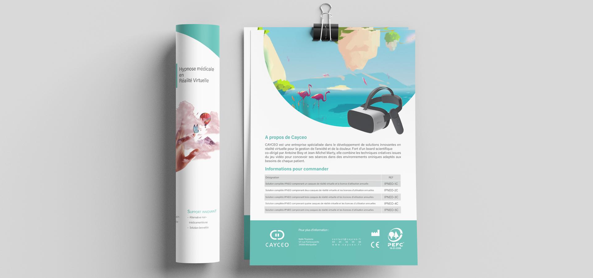 Supports imprimés Cayceo présentant les solutions d’hypnose médicale en réalité virtuelle.