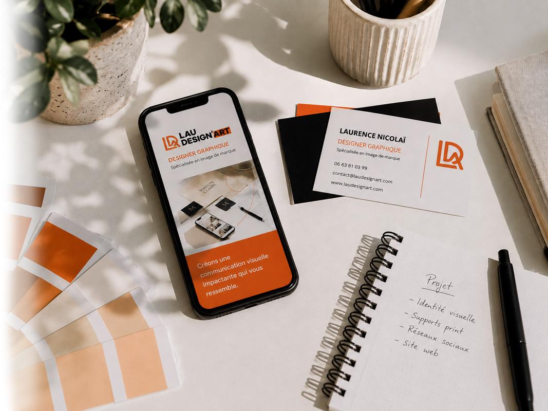 Smartphone, carte de visite, nuancier et carnet de projet présentant l’univers graphique de Lau Design’Art.